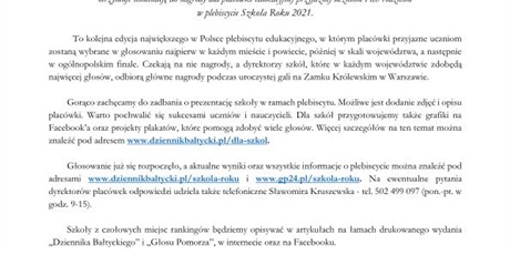 Nominacja szkoły w plebiscycie "Dziennika Bałtyckiego"!